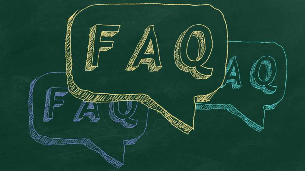 Frequently asked questions: iPosters and PDF+.  A photograph showing the letters F, A and Q in yellow, blue and purple speech boxes against a chalkboard background. 