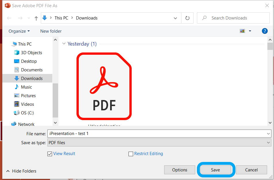 The screen shown on on the Windows operating system when saving a file. The option 'Save' is circled in blue at the bottom of them image.