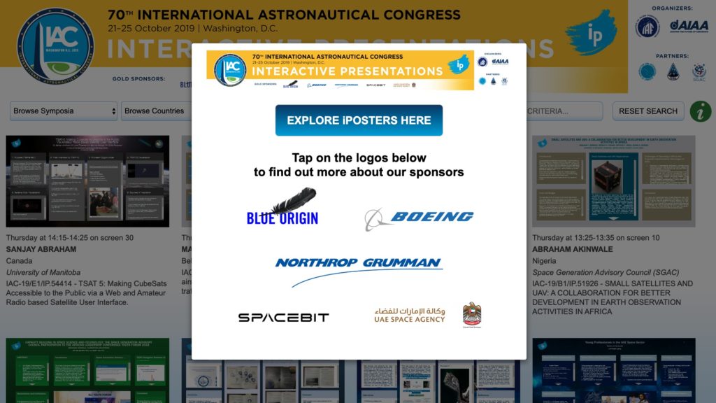 screenshot of I-poster gallery with a splash-screen on top of it displaying the sponsor logos for the conference. 